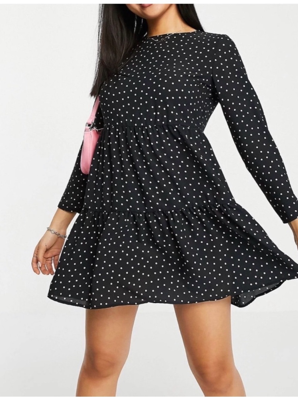 ASOS Designs Long Sleeve Mini Dress Baby Doll Black Polka Dots Ruffled Size 6